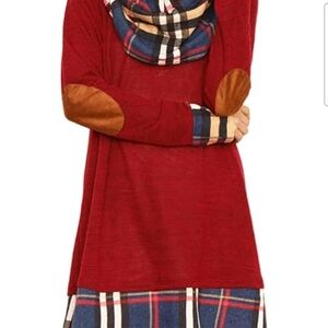 Red Plaid Long Sleeve Dress with Elbow Patches